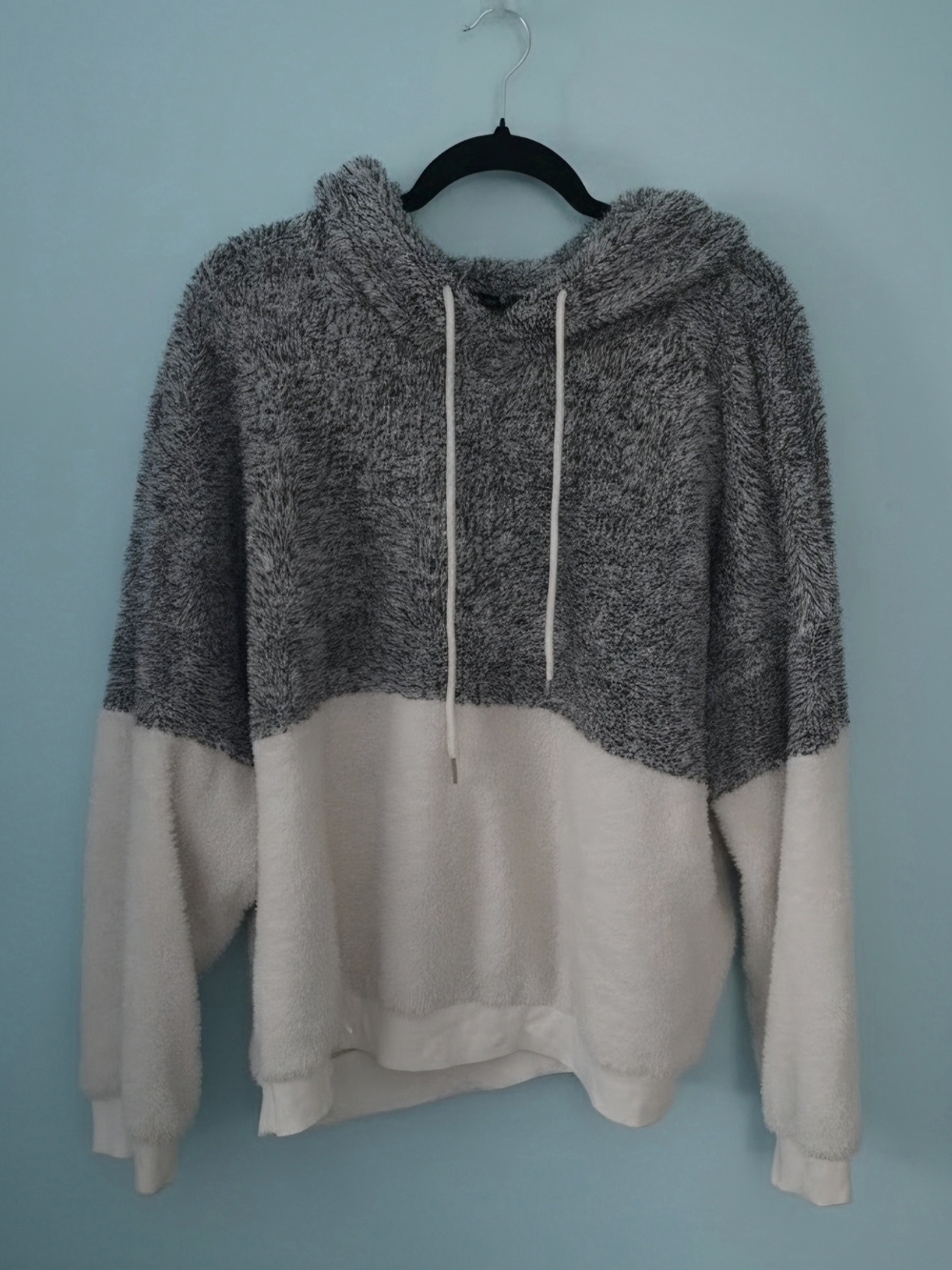 SHEIN Gray & Cream Two-Tone Fuzzy Hoodie